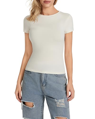 Felcia Damen Skims Dupe T-Shirt Fitted Crop Tops Einfarbig Kurzarm Cropped Baby Tees Sommer Streetwear Y2K Tops, C-weiß, Large von Felcia