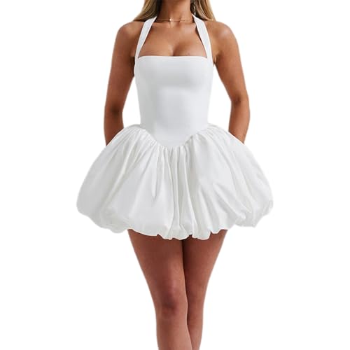 Felcia Damen Sommer Minikleid Elegant Neckholder Kurz Bubble Kleid Ärmellos Rückenfrei Party Cocktail A Linie Kleid Streetwear, A-weiß, L von Felcia