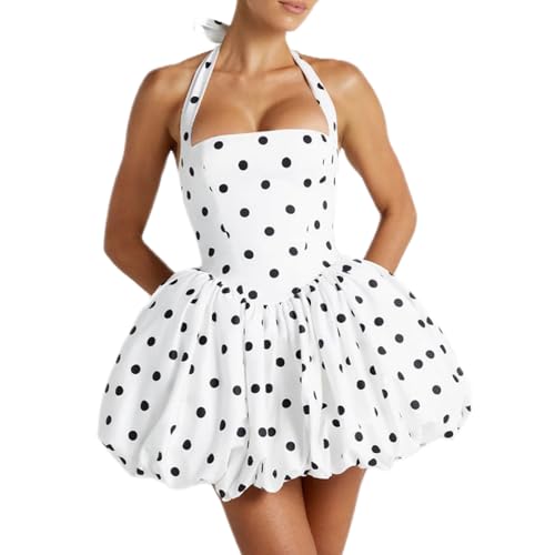 Felcia Damen Sommer Minikleid Elegant Neckholder Kurz Bubble Kleid Ärmellos Rückenfrei Party Cocktail A Linie Kleider Streetwear, A-Weiß, Schwarz, L von Felcia
