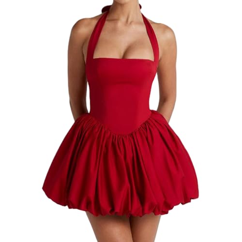 Felcia Damen Sommer Minikleid Elegant Neckholder Kurz Bubble Kleid Ärmellos Rückenfrei Party Cocktail A Linie Kleider Streetwear, rot (a), L von Felcia