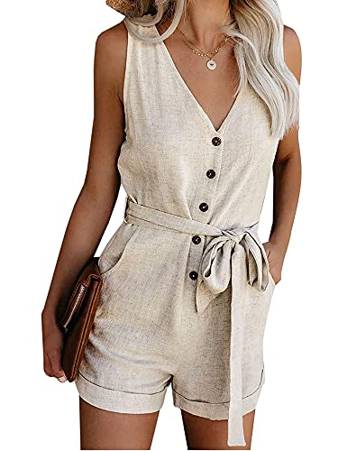 Felcia Damen Sommer Strampler V-Ausschnitt Ärmellos Knopfleiste Leinen Tank Romper Kurz Hose Jumpsuit Gr. Large, A-Beige von Felcia