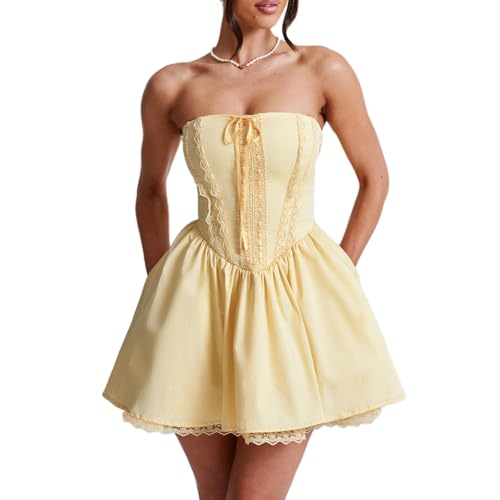 Felcia Damen Sommer Trägerloses Tube Minikleid Elegant Rückenfrei Spitzenbesatz A Linie Korsett Kleid Party Cocktail Kurzes Kleid Clubwear, A-gelb, S von Felcia