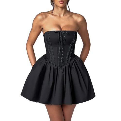 Felcia Damen Sommer Trägerloses Tube Minikleid Elegant Rückenfrei Spitzenbesatz A Linie Korsett Kleid Party Cocktail Kurzes Kleid Clubwear, A-schwarz, Small von Felcia
