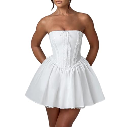 Felcia Damen Sommer Trägerloses Tube Minikleid Elegant Rückenfrei Spitzenbesatz A Linie Korsett Kleid Party Cocktail Kurzes Kleid Clubwear, A-weiß, L von Felcia