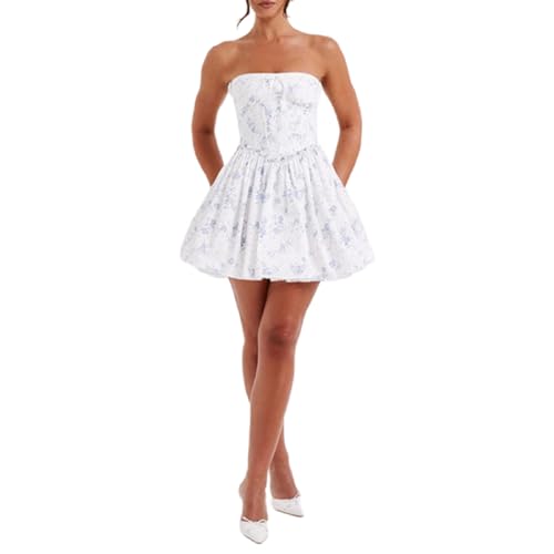 Felcia Damen Sommer Trägerloses Tube Minikleid Elegant Rückenfrei Spitzenbesatz A Linie Korsett Kleid Party Cocktail Kurzes Kleid Clubwear, B-Blaue Blume, L von Felcia
