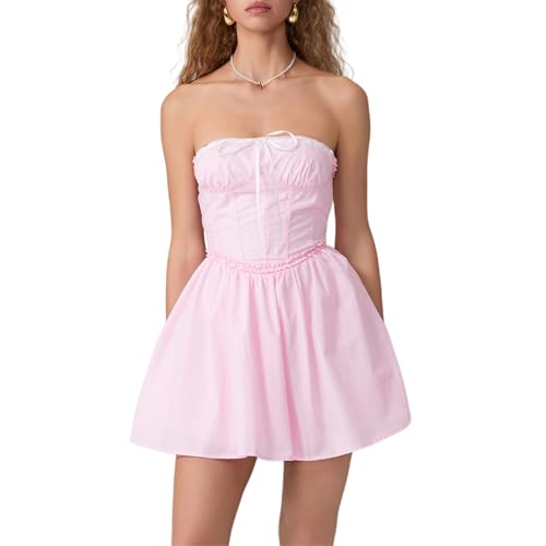 Felcia Damen Sommer Trägerloses Tube Minikleid Elegant Rückenfrei Spitzenbesatz A Linie Korsett Kleid Party Cocktail Kurzes Kleid Clubwear, B-Rosa, M von Felcia