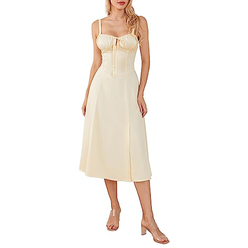 Felcia Damen Spaghettiträger, Midi-Kleider, figurbetont, ärmellos, Bustier, Cami-Kleid, Sommer, A-Linie, Party, Cocktail, Strandkleid, A-gelb, Small von Felcia