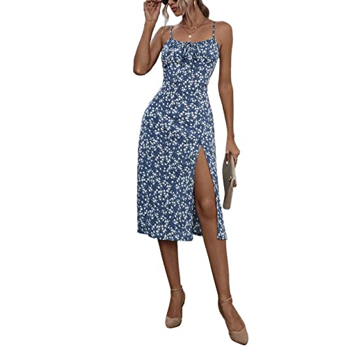 Felcia Damen Spaghettiträger, Midi-Kleider, figurbetont, ärmellos, Bustier, Cami-Kleid, Sommer, A-Linie, Party, Cocktail, Strandkleid, J-blue, Medium von Felcia