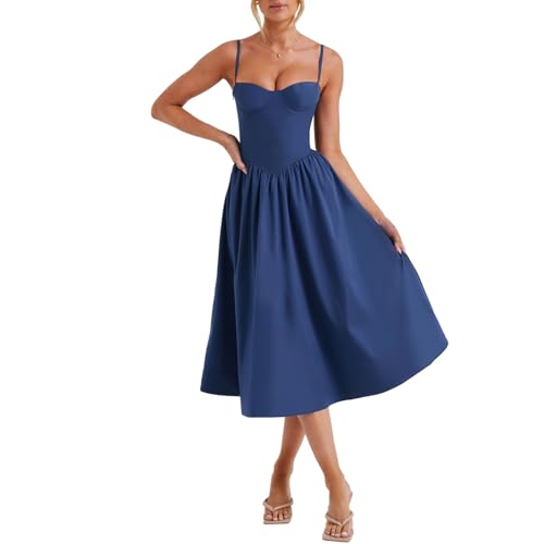 Felcia Damen Spaghettiträger Midi-Kleid, figurbetont, ärmellos, Bustier, Cami-Kleid, Sommer, A-Linie, Party, Cocktail, Strandkleid, L-blau, Medium von Felcia