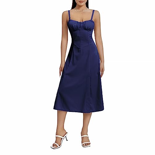 Felcia Damen Spaghettiträger, Midi-Kleider, figurbetont, ärmellos, Bustier, Cami-Kleid, Sommer, A-Linie, Party, Cocktail, Strandkleid, A-Blau, L von Felcia