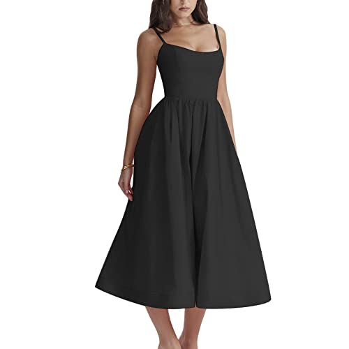 Felcia Damen Spaghettiträger, Midi-Kleider, figurbetont, ärmellos, Bustier, Cami-Kleid, Sommer, A-Linie, Party, Cocktail, Strandkleid, G-black, L von Felcia