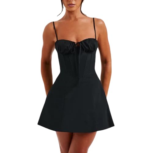 Felcia Damen Spaghettiträger Minikleid Sommer Rückenfrei Tie Up Fishbone Taille Korsett Shaping A Linie Kleid für Streetwear, A-schwarz, Medium von Felcia
