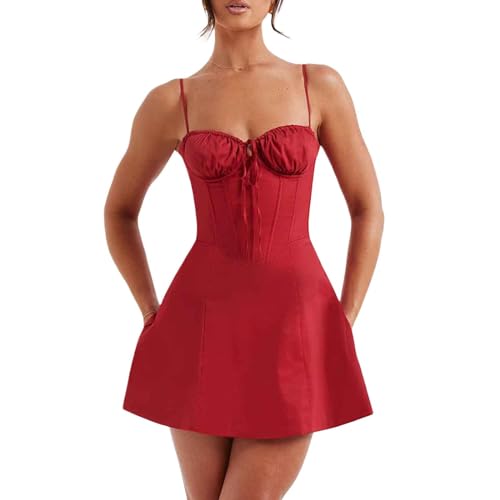 Felcia Damen Spaghettiträger Minikleid Sommer Rückenfrei Tie Up Fishbone Taille Korsett Shaping A Linie Kleid für Streetwear, rot (a), Medium von Felcia
