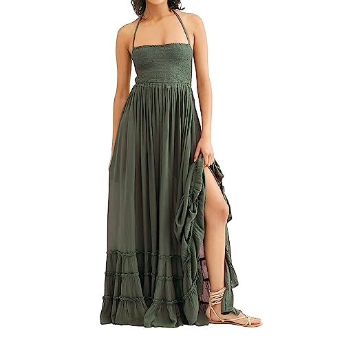 Felcia Damen Spaghettiträger Neckholder Langes Kleid Rüschen Plissee Saum Rückenfrei Bodycon Maxikleid Strand Party A Linie Kleid, A-army Grün, L von Felcia