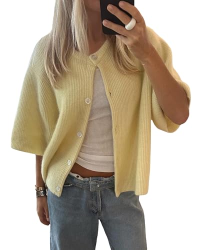 Felcia Damen Strick-Crop-Cardigan Shirt Kurzarm Pullover Rundhals Gerippt Button Down Sweater Y2k Preppy Herbst Outfits, A-gelb, M von Felcia