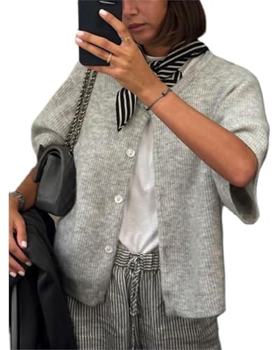 Felcia Damen Strick-Crop-Cardigan Shirt Kurzarm Pullover Rundhals Gerippt Button Down Sweater Y2k Preppy Herbst Outfits, A-grau, S von Felcia