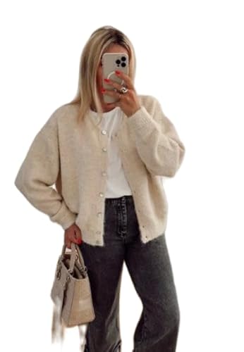 Felcia Damen Strick-Crop-Cardigan Shirt Kurzarm Pullover Rundhals Gerippt Button Down Sweater Y2k Preppy Herbst Outfits, B-Elfenbein, L von Felcia