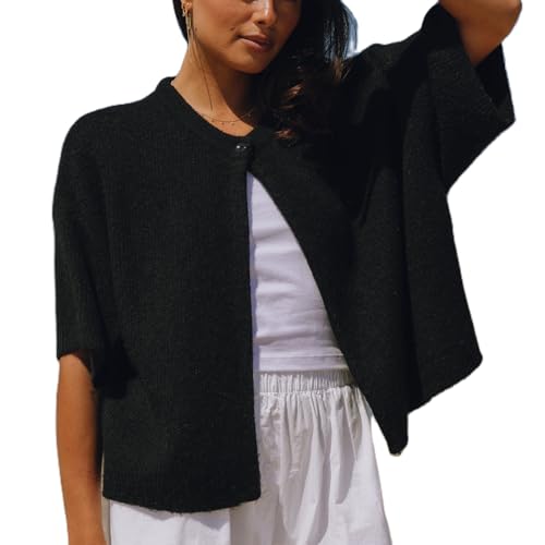 Felcia Damen Strick-Crop-Cardigan Shirt Kurzarm Pullover Rundhals Gerippt Button Down Sweater Y2k Preppy Herbst Outfits, C-schwarz, S von Felcia