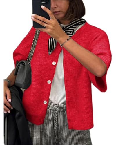 Felcia Damen Strick-Crop-Cardigan Shirt Kurzarm Pullover Rundhals Gerippt Button Down Sweater Y2k Preppy Herbst Outfits, rot (a), S von Felcia