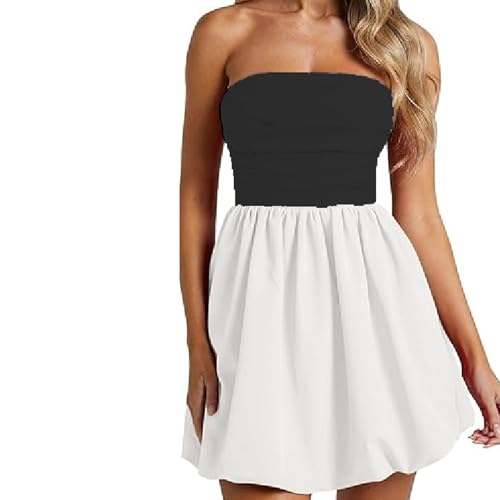 Felcia Damen Trägerloses Bodycon Minikleid Sommer Rückenfrei Bubble Tube Top Kleid Casual Party Cocktail Kurzes Kleid, D-Schwarz / Weiß, L von Felcia