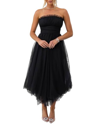 Felcia Damen Trägerloses Tüllkleid Sommer Rückenfrei Party Mesh Kleid Urlaub Thema Partykleid, Schwarz , L von Felcia