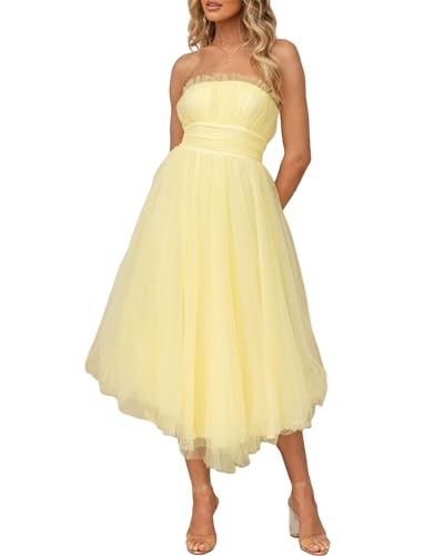 Felcia Damen Trägerloses Tüllkleid Sommer Rückenfrei Party Mesh Kleid Urlaub Thema Partykleid, gelb, Small von Felcia