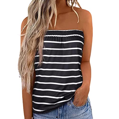 Felcia Damen Tube Tops Ärmellos Trägerlos Rückenfrei Plissee Bandeau Tank Top Sommer Tunika Camis Shirt für Strand Urlaub, A-Black Stripes, Large von Felcia