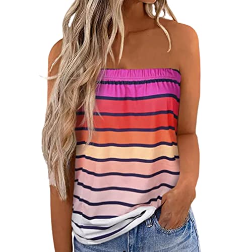 Felcia Damen Tube Tops Ärmellos Trägerlos Rückenfrei Plissee Bandeau Tank Top Sommer Tunika Camis Shirt für Strand Urlaub, A-Multi-Color-Streifen, X-Large von Felcia