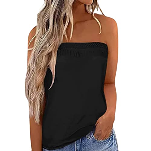 Felcia Damen Tube Tops Ärmellos Trägerlos Rückenfrei Plissee Bandeau Tank Top Sommer Tunika Camis Shirt für Strand Urlaub, A-schwarz, M von Felcia