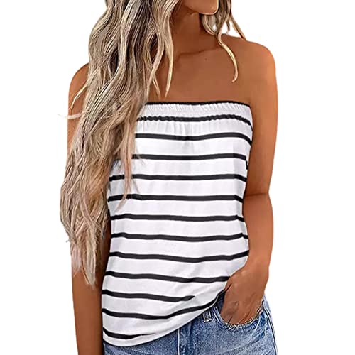 Felcia Damen Tube Tops Ärmellos Trägerlos Rückenfrei Plissee Bandeau Tank Top Sommer Tunika Camis Shirt für Strand Urlaub, A-White Stripes, 38 von Felcia