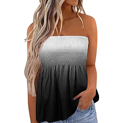 Felcia Damen Tube Tops Ärmellos Trägerlos Rückenfrei Plissee Bandeau Tank Top Sommer Tunika Camis Shirt für Strand Urlaub, B-Black Gradient, 48, XXL von Felcia