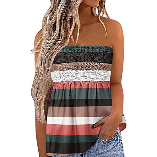 Felcia Damen Tube Tops Ärmellos Trägerlos Rückenfrei Plissee Bandeau Tank Top Sommer Tunika Camis Shirt für Strand Urlaub, B-Colorful Stripe, 42 von Felcia