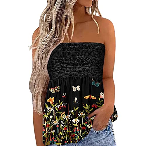 Felcia Damen Tube Tops Ärmellos Trägerlos Rückenfrei Plissee Bandeau Tank Top Sommer Tunika Camis Shirt für Strand Urlaub, B-Green Flower, 46, XL von Felcia