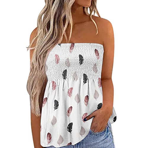 Felcia Damen Tube Tops Ärmellos Trägerlos Rückenfrei Plissee Bandeau Tank Top Sommer Tunika Camis Shirt für Strand Urlaub, B-rosa Feder, 36 von Felcia