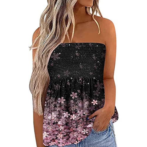 Felcia Damen Tube Tops Ärmellos Trägerlos Rückenfrei Plissee Bandeau Tank Top Sommer Tunika Camis Shirt für Strand Urlaub, B-Rosa Blume, Large von Felcia