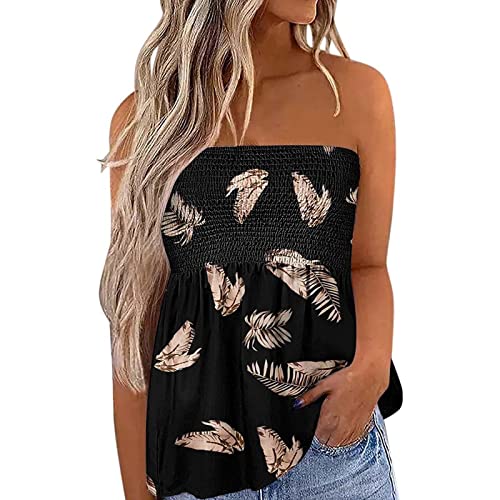 Felcia Damen Tube Tops Ärmellos Trägerlos Rückenfrei Plissee Bandeau Tank Top Sommer Tunika Camis Shirt für Strand Urlaub, B-braune Federn, 46, XL von Felcia