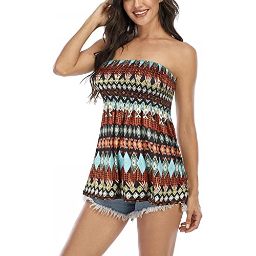 Felcia Damen Tube Tops Ärmellos Trägerlos Rückenfrei Plissee Bandeau Tank Top Sommer Tunika Camis Shirt für Strand Urlaub, C-geometrisch, Small von Felcia