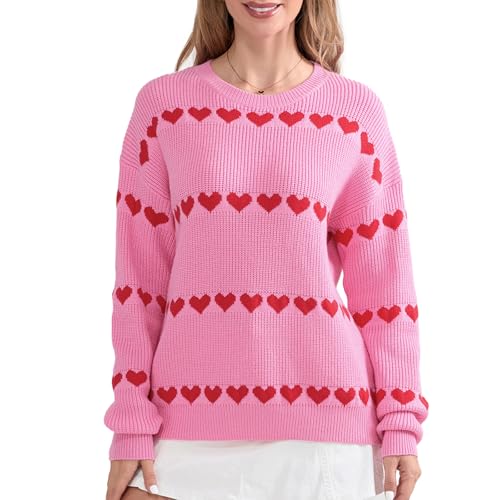 Felcia Damen Valentinstag Strickpullover Niedlich Herzdruck Langarm Strickpullover Casual Lose Pullover Tops Ästhetische Kleidung, A-Rose Red, M von Felcia