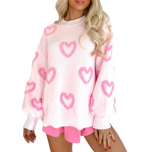 Felcia Damen Valentinstag Strickpullover Niedlich Herzdruck Langarm Strickpullover Casual Lose Pullover Tops Ästhetische Kleidung, B-Rosa, M von Felcia