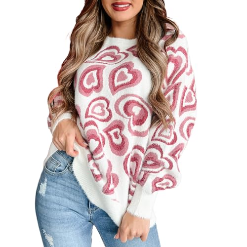 Felcia Damen Valentinstag Strickpullover Niedlich Herzdruck Langarm Strickpullover Casual Lose Pullover Tops Ästhetische Kleidung, B-weiß, S von Felcia
