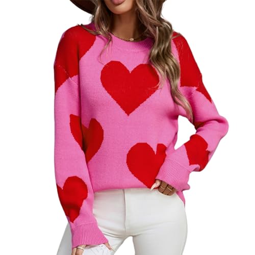 Felcia Damen Valentinstag Strickpullover Niedlich Herzdruck Langarm Strickpullover Casual Lose Pullover Tops Ästhetische Kleidung, K-Rose Red, S von Felcia