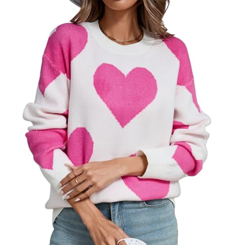 Felcia Damen Valentinstag Strickpullover Niedlich Herzdruck Langarm Strickpullover Casual Lose Pullover Tops Ästhetische Kleidung, K-weiß, XL von Felcia