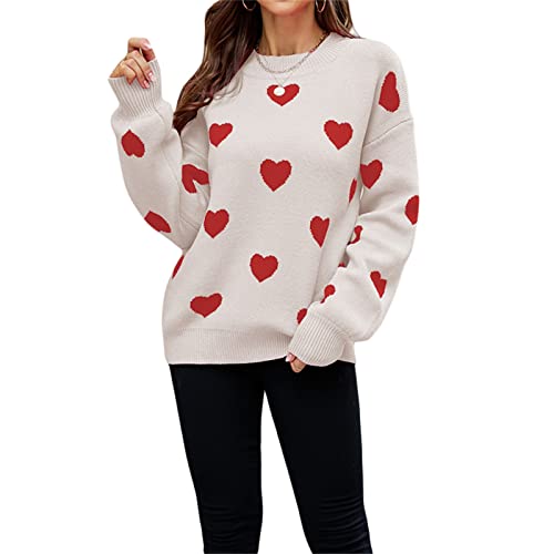 Felcia Damen Valentinstag Strickpullover Niedlich Herzdruck Langarm Strickpullover Casual Lose Pullover Tops Ästhetische Kleidung, L-Rot Aprikose, S von Felcia