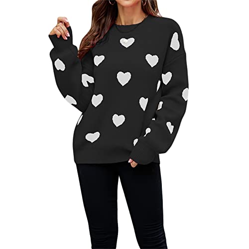 Felcia Damen Valentinstag Strickpullover Niedlich Herzdruck Langarm Strickpullover Casual Lose Pullover Tops Ästhetische Kleidung, L-schwarz, S von Felcia