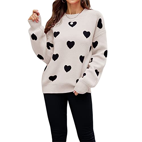 Felcia Damen Valentinstag Strickpullover Niedlich Herzdruck Langarm Strickpullover Casual Lose Pullover Tops Ästhetische Kleidung, L-schwarz apricot, M von Felcia