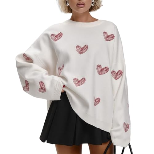 Felcia Damen Valentinstag Strickpullover Niedlich Herzdruck Langarm Strickpullover Casual Lose Pullover Tops Ästhetische Kleidung, O-rot, S von Felcia