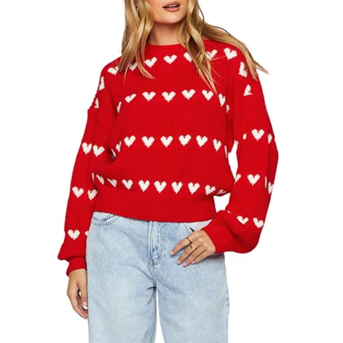 Felcia Damen Valentinstag Strickpullover Niedlich Herzdruck Langarm Strickpullover Casual Lose Pullover Tops Ästhetische Kleidung, P-rot, S von Felcia