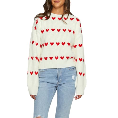 Felcia Damen Valentinstag Strickpullover Niedlich Herzdruck Langarm Strickpullover Casual Lose Pullover Tops Ästhetische Kleidung, P-weiß, M von Felcia