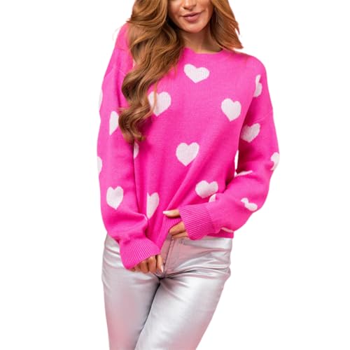 Felcia Damen Valentinstag Strickpullover Niedlich Herzdruck Langarm Strickpullover Casual Lose Pullover Tops Ästhetische Kleidung, Q-Pink, L von Felcia