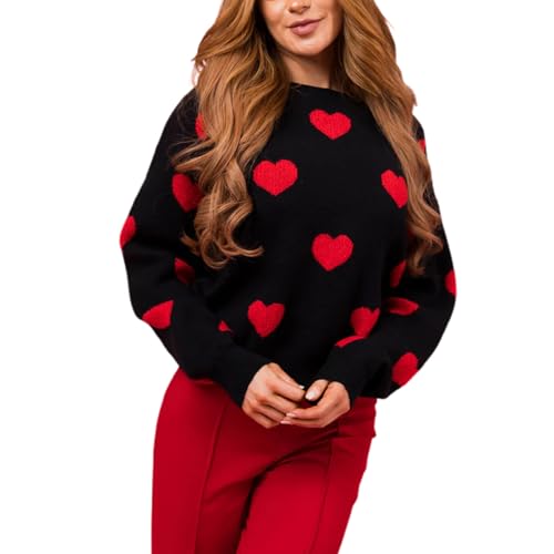 Felcia Damen Valentinstag Strickpullover Niedlich Herzdruck Langarm Strickpullover Casual Lose Pullover Tops Ästhetische Kleidung, Q-schwarz, L von Felcia